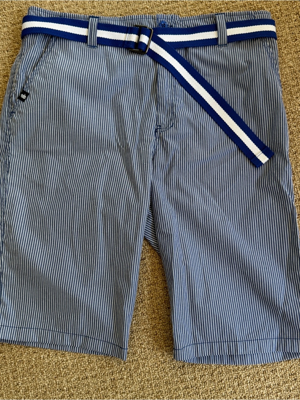 Y2K Miskeen Men's Blue Stripe Flat Front Long Shorts with Belt Philly HipHop